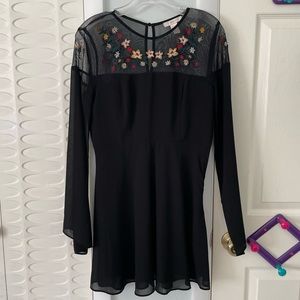 Adorable black dress with mesh long sleeves and flower embroidery by Forever XXI